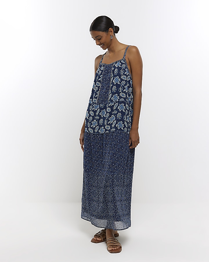 Blue chiffon floral slip maxi dress