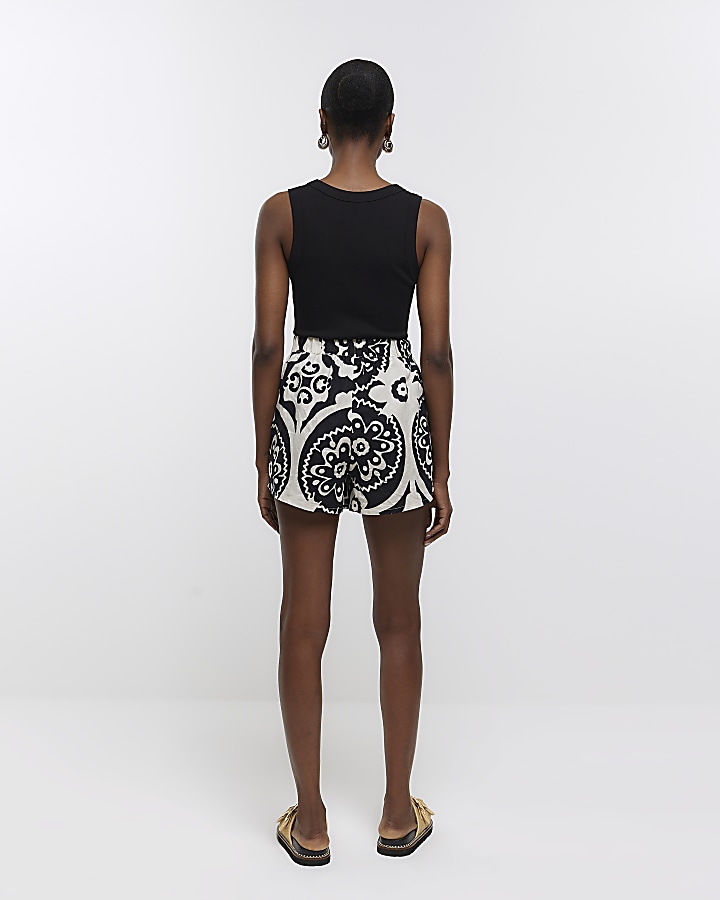 Cream printed linen blend shorts River Island
