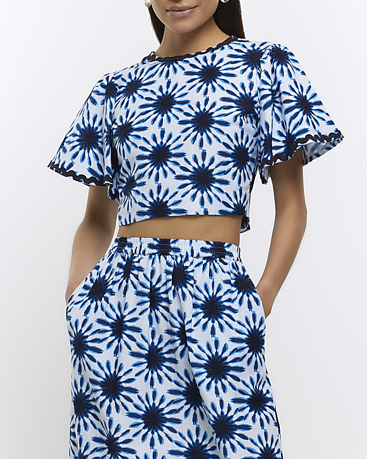 Blue print tie crop top with linen