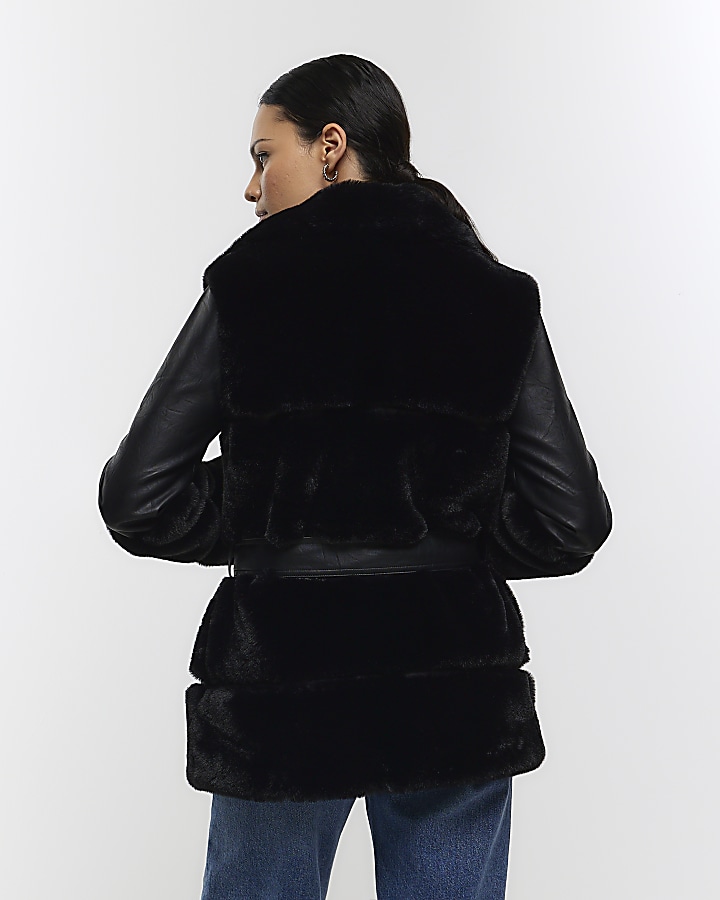 Black faux fur belted biker jacket