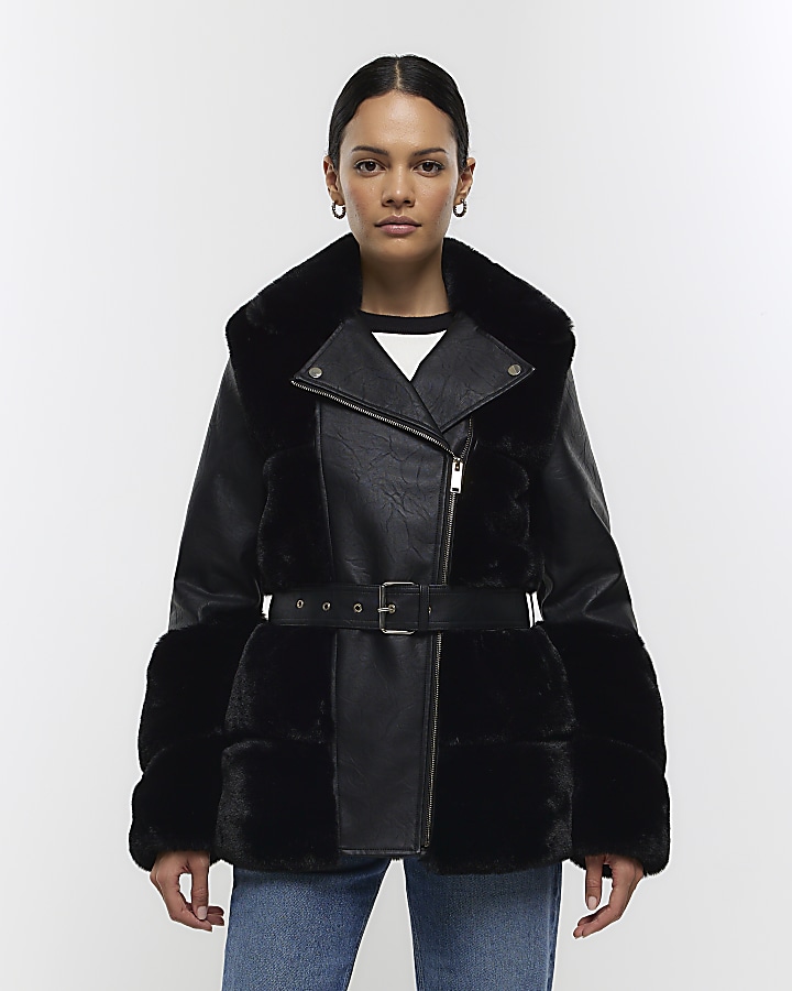 Black faux 2025 fur biker jacket