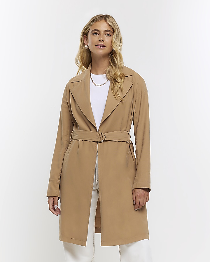 Beige belted trench coat