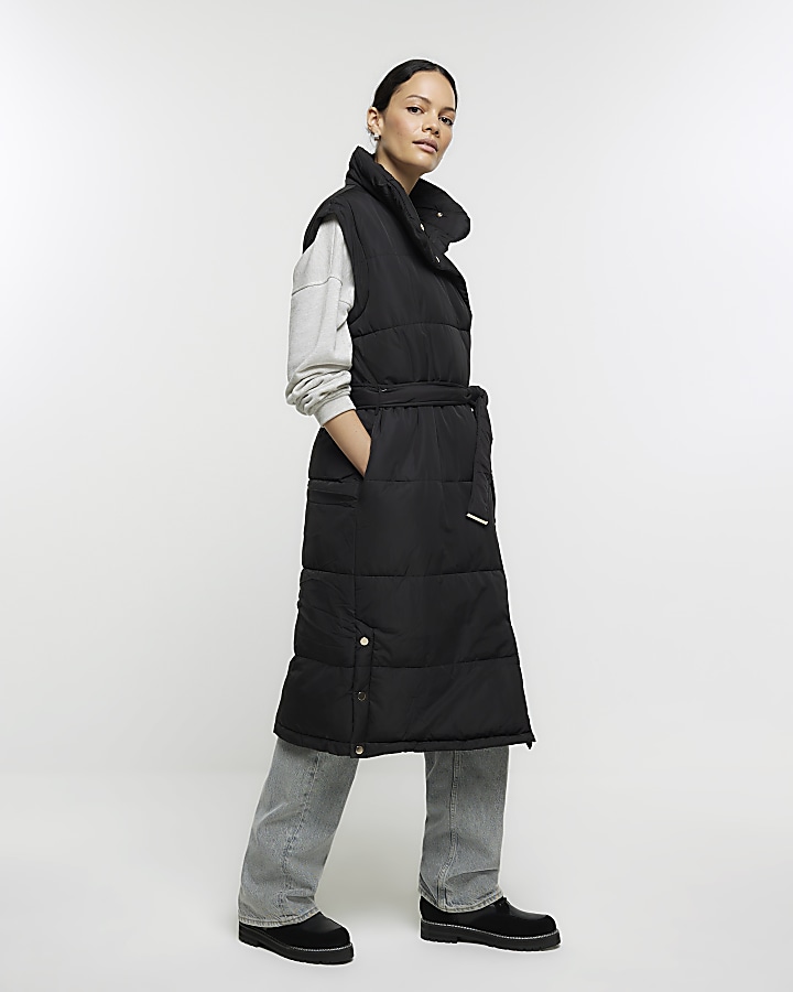 Black padded belted longline gilet