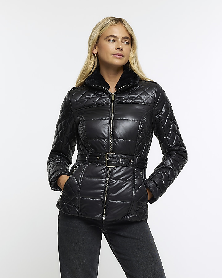 Black belted outlet padded coat