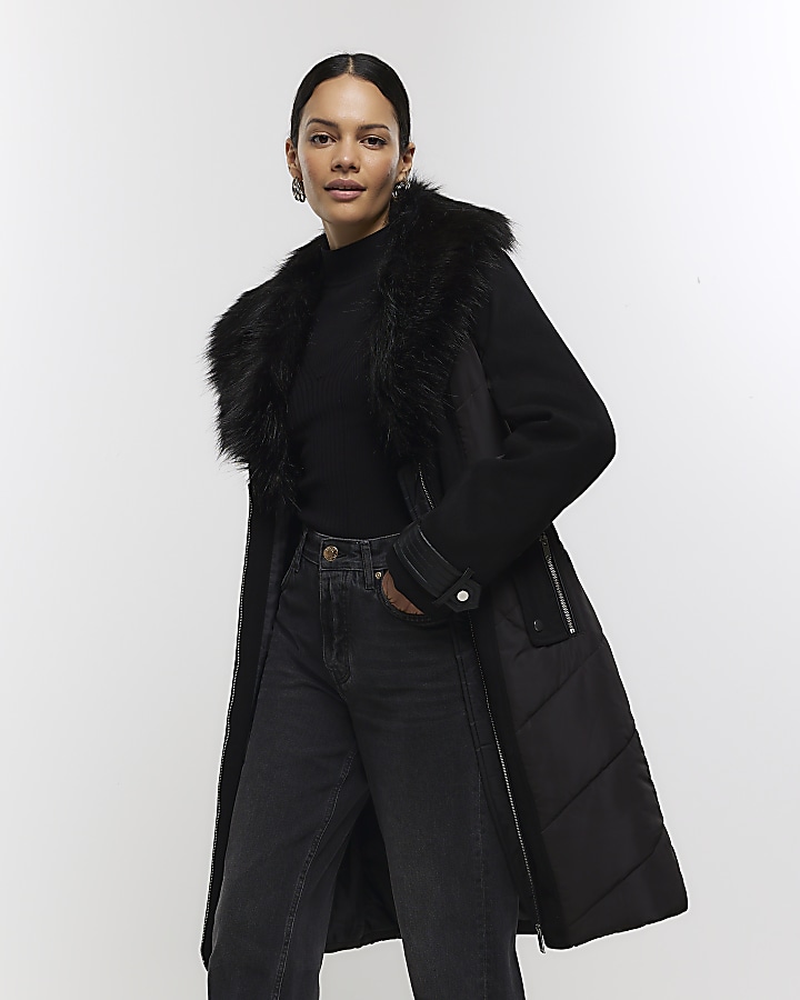 OUTLET Luxy Longline Faux Fur Belted Coat - Black – Luxy London