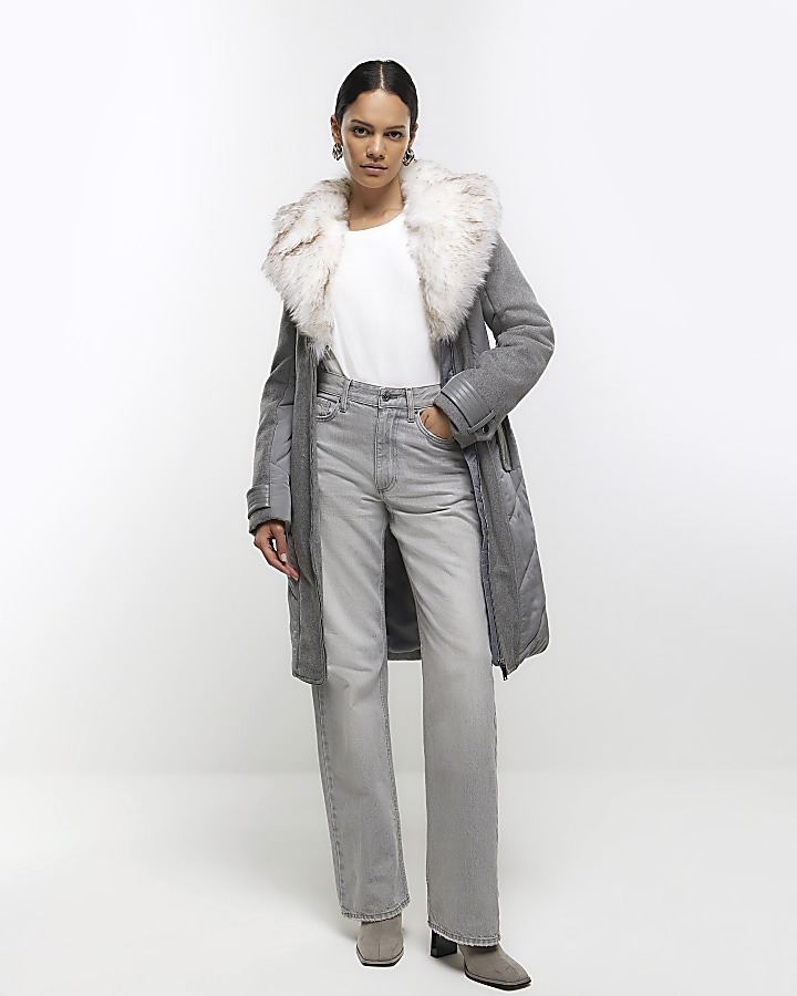 Grey faux fur collar belted jacket