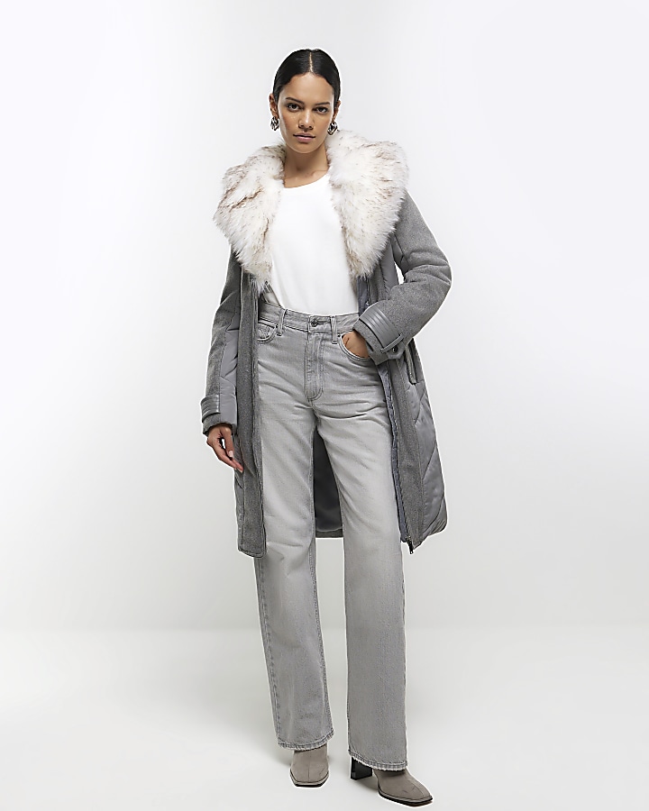 Fur collar belted outlet coat