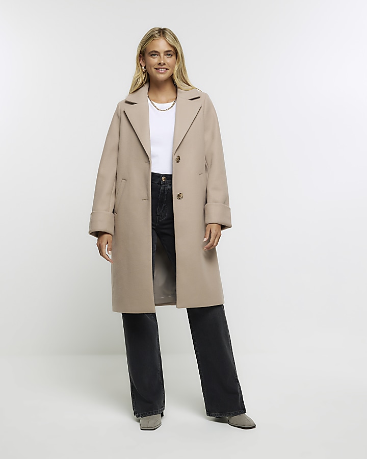 Brown rolled sleeve longline coat River Island