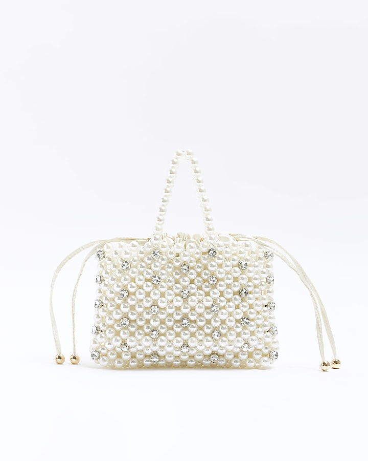 Cream pearl embellished handbag