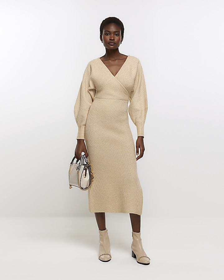 Beige knit 2025 midi dress