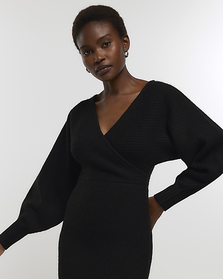 Black knit wrap jumper midi dress | River Island