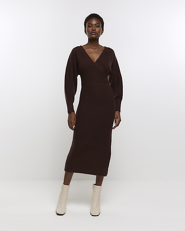 Brown long sleeve jumper midi dress