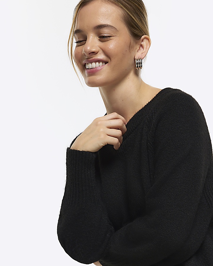 Petite black long sleeve jumper mini dress River Island