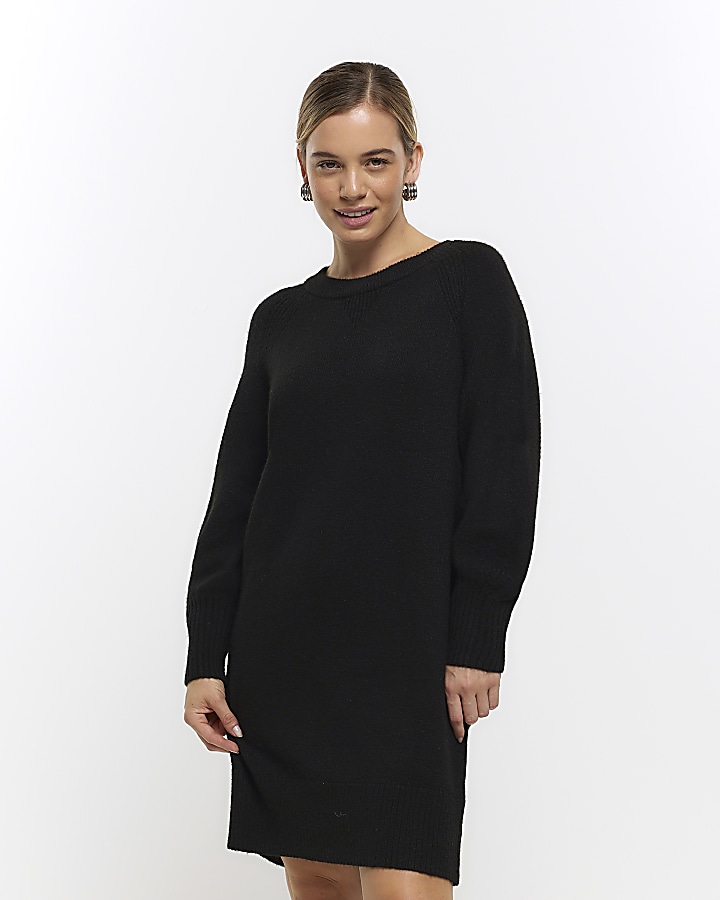 Petite black long sleeve jumper mini dress | River Island