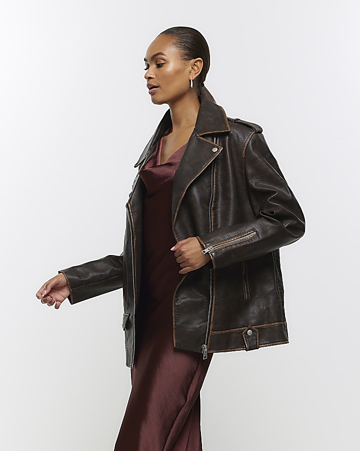 Brown faux leather oversized biker jacket