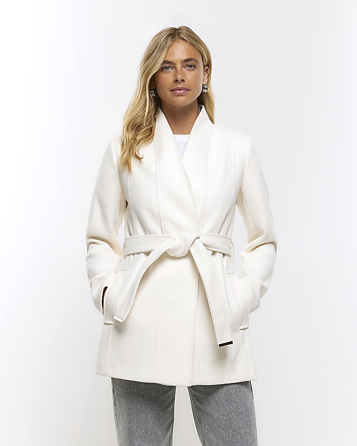 Belted cream coat sale