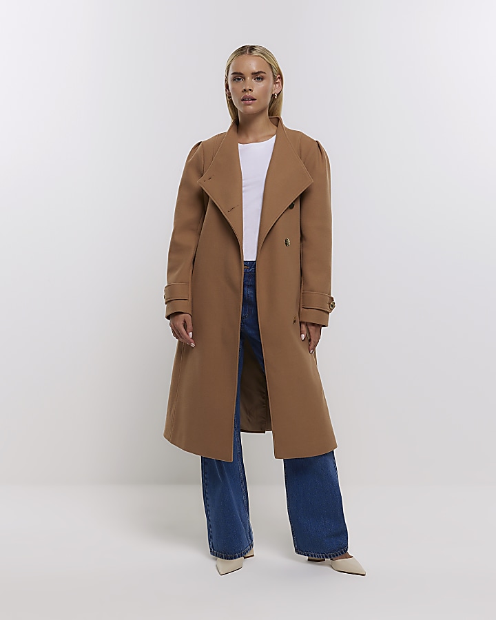 Petite brown belted wrap coat | River Island