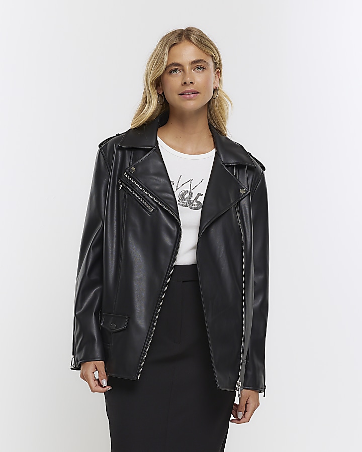 Black faux leather oversized biker jacket