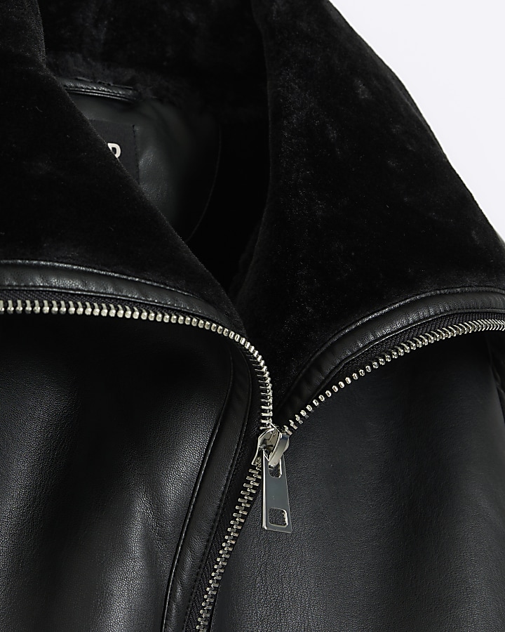 Black faux leather aviator jacket