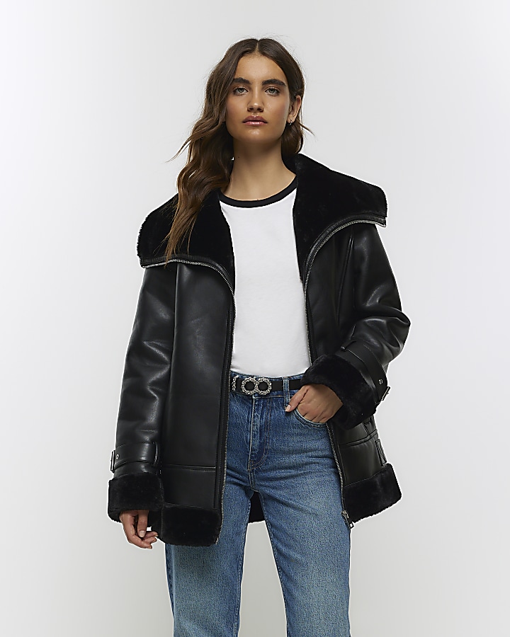Black faux leather aviator jacket