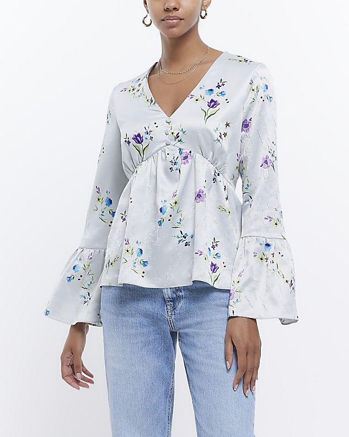 Grey floral flute sleeve blouse | River Island