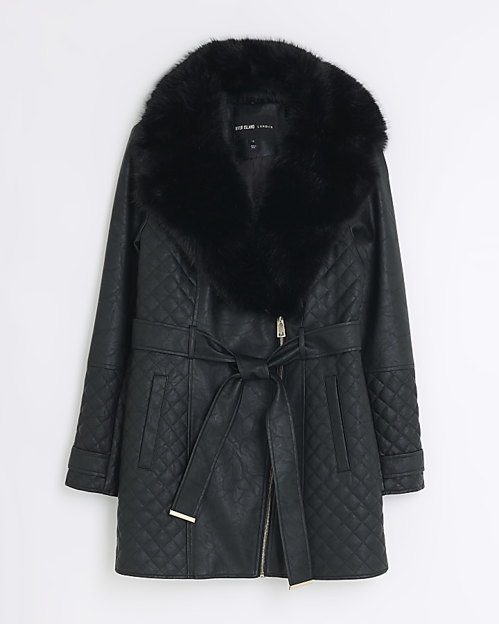 Black faux leather belted jacket