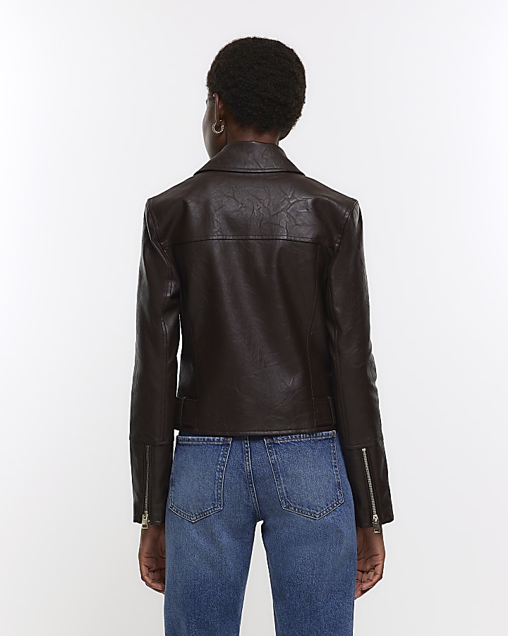 Brown faux leather zip biker jacket | River Island