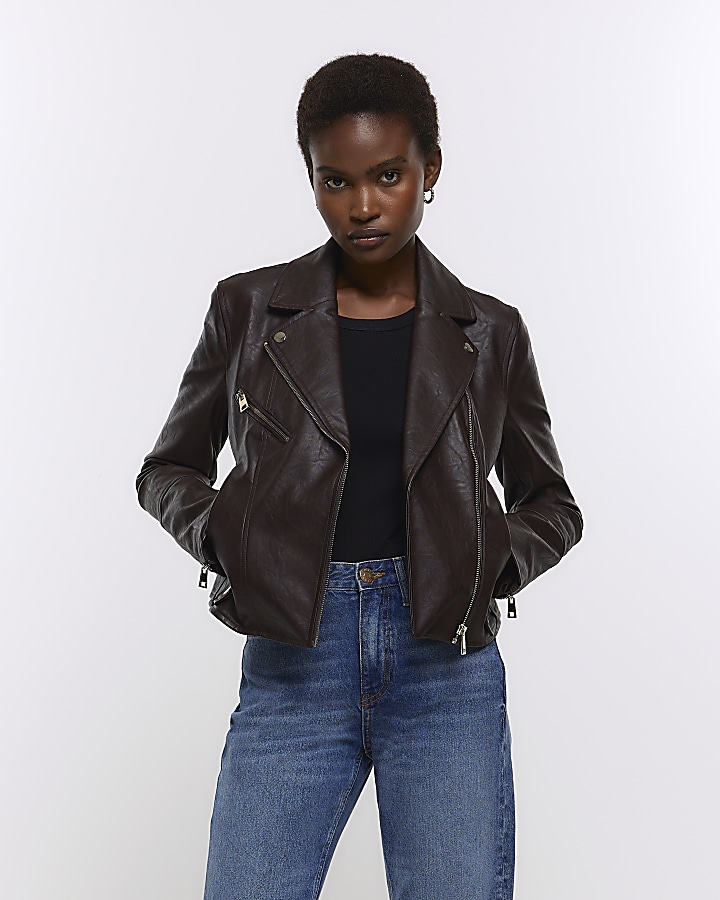 Brown faux leather zip biker jacket | River Island