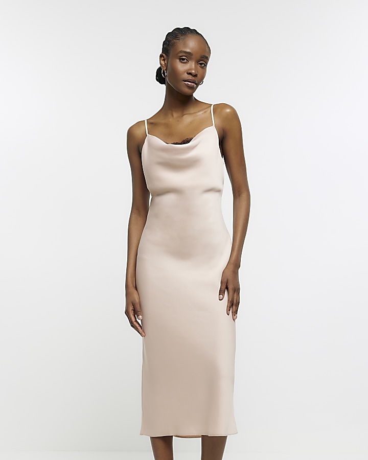 Pink satin outlet midi dress