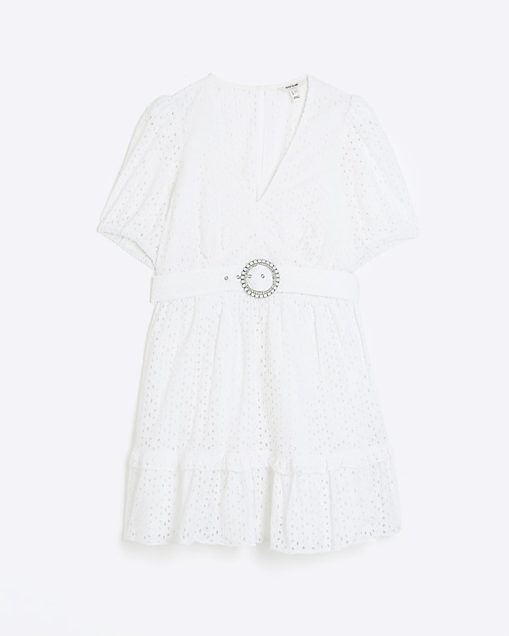 White broderie belted swing mini dress