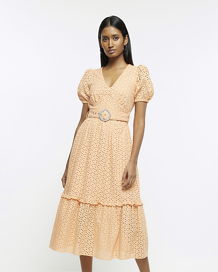 Orange broderie belted swing midi dress