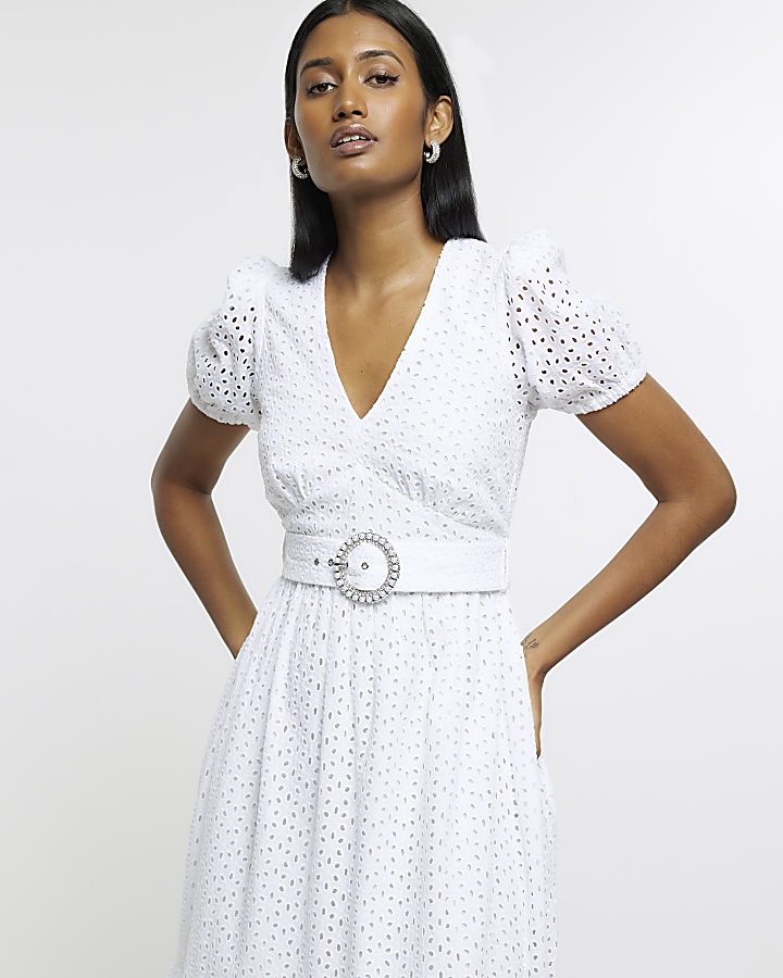 White broderie belted swing midi dress