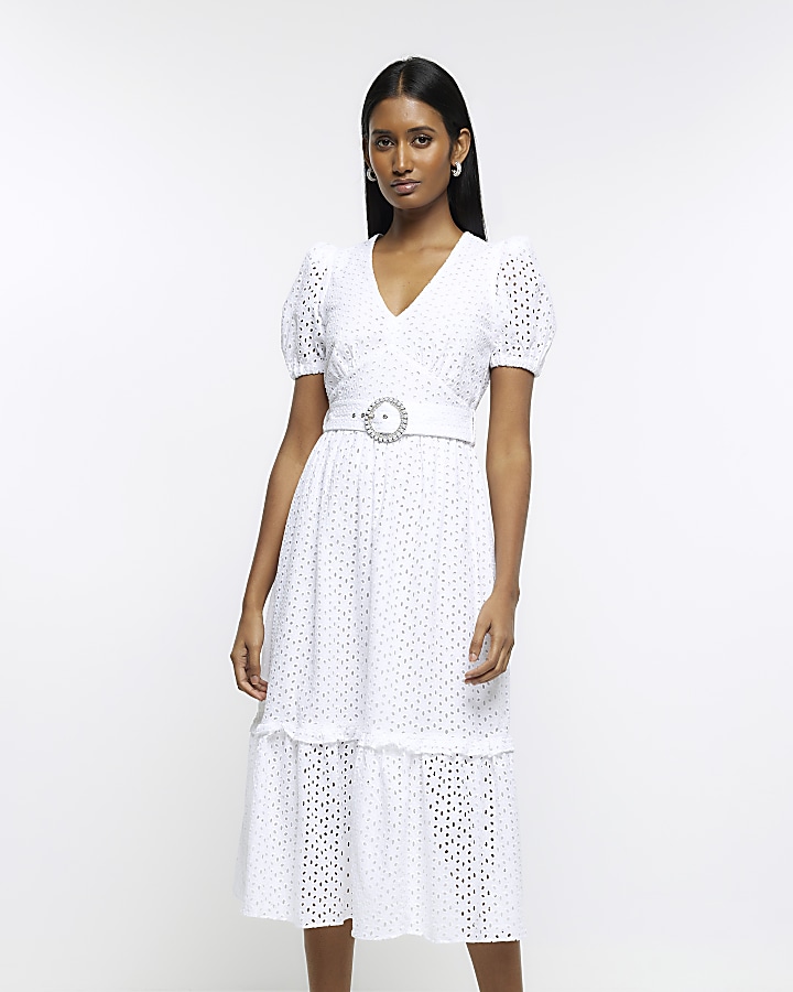 White broderie belted swing midi dress