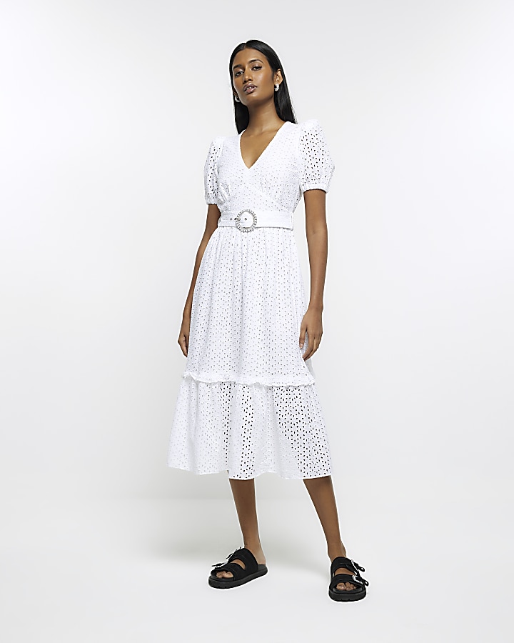 White broderie belted swing midi dress