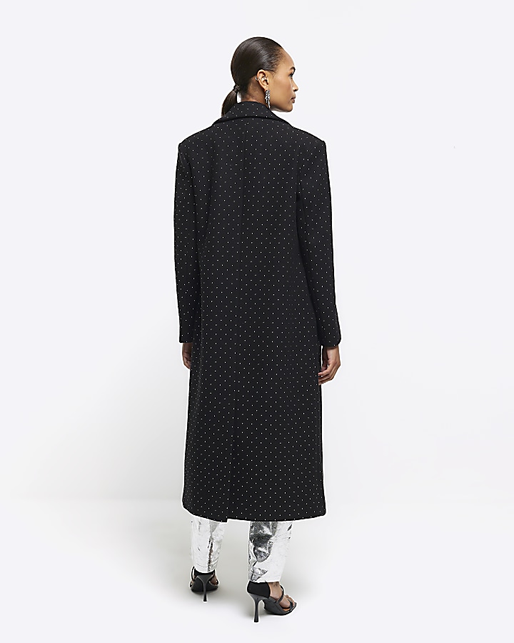 Black Embellished Longline Coat River Island