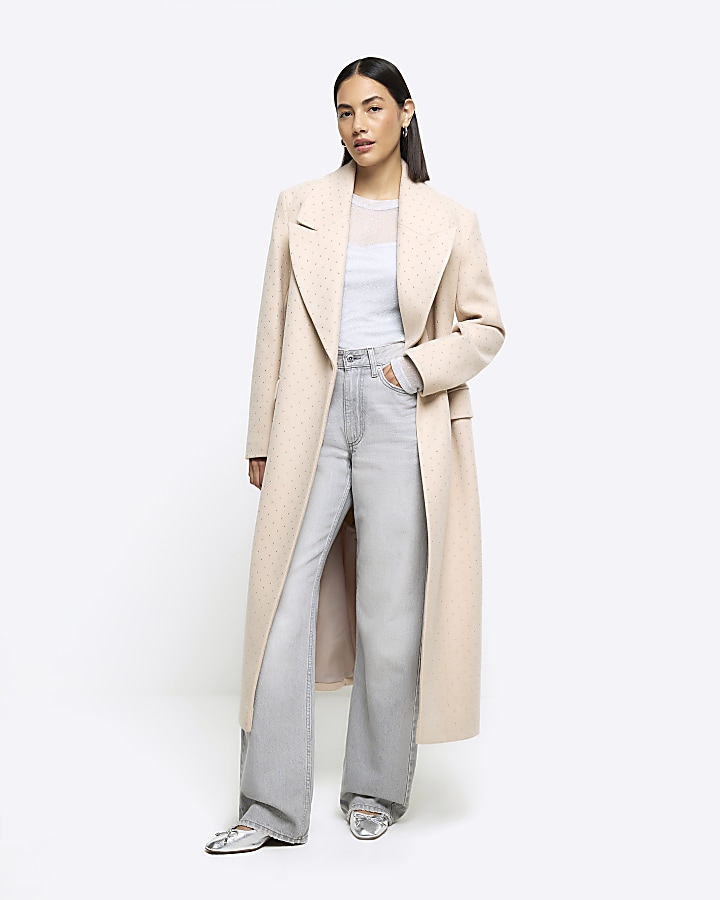 Beige embellished longline coat