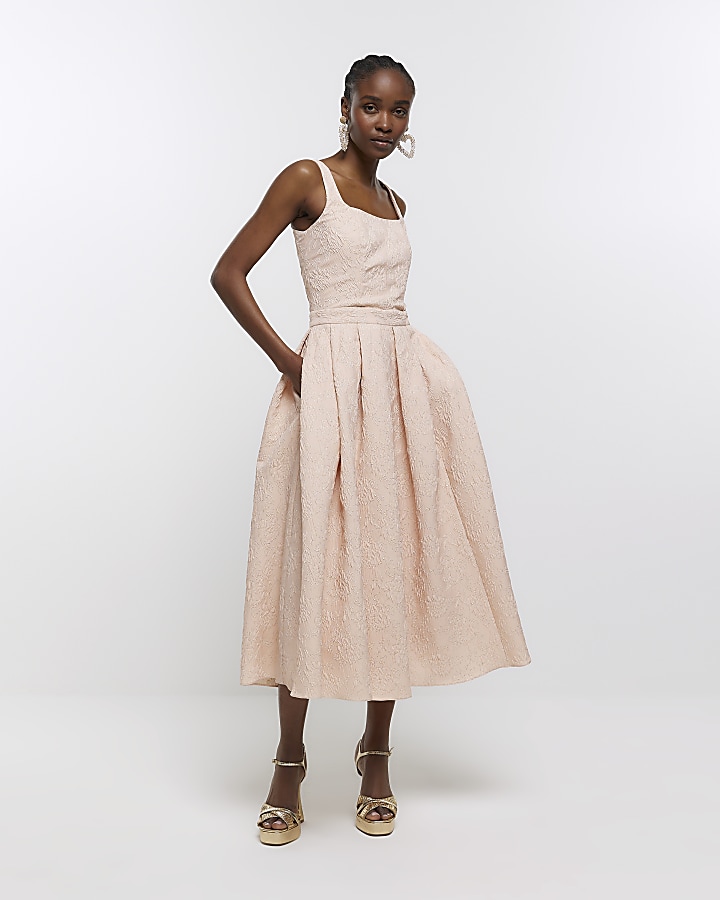 Pink textured prom swing midi dress | River Island