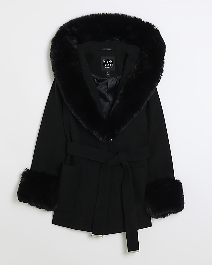 Petite black faux fur belted coat | River Island