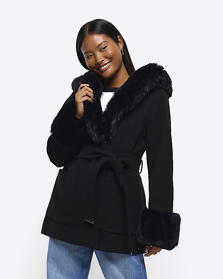 Petite black faux fur belted coat