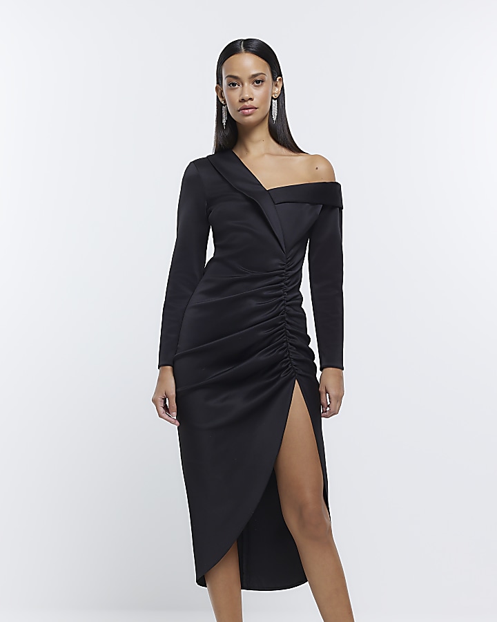 Black split bodycon midi dress River Island