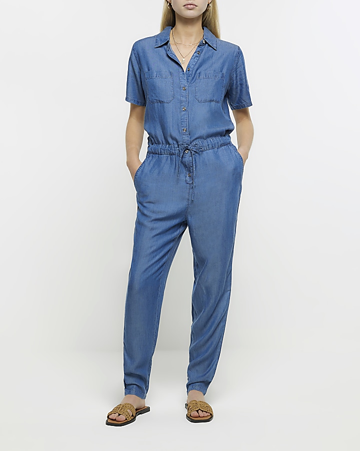 Jumpsuit Jeans with Short Sleeve, Pocket and Button Up