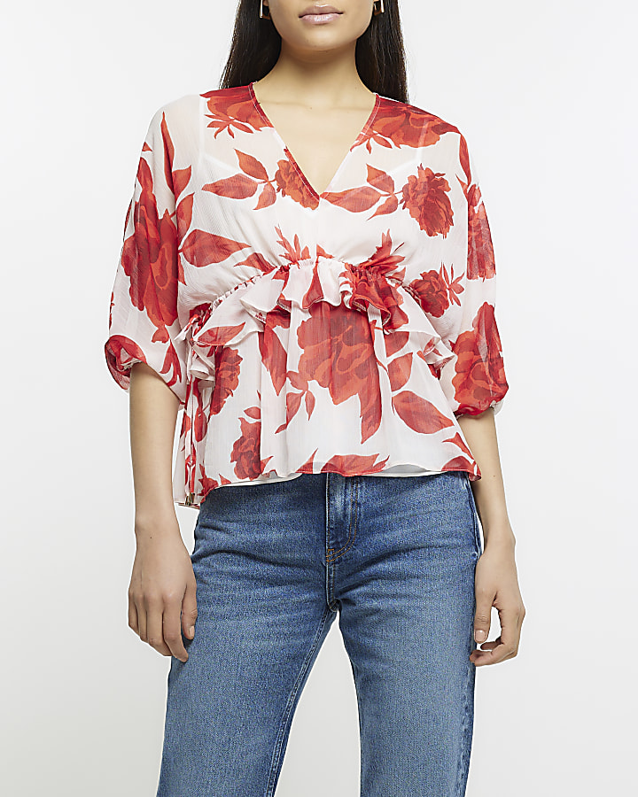 Red print satin frill short sleeve top