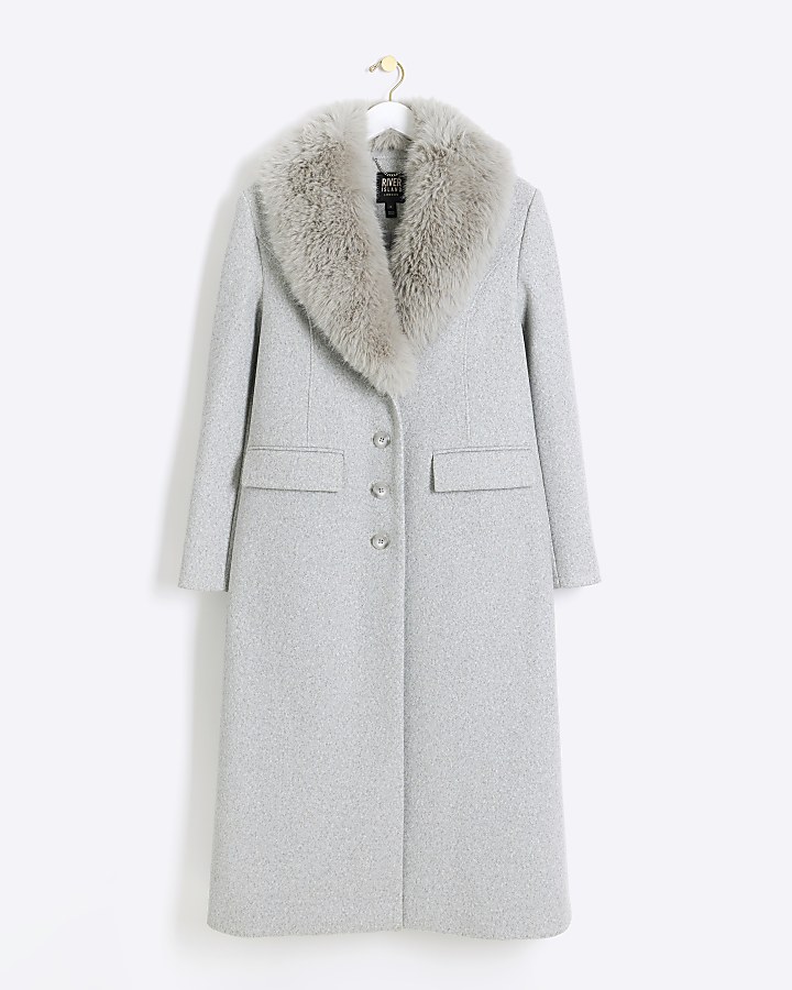 Grey faux fur collar longline coat