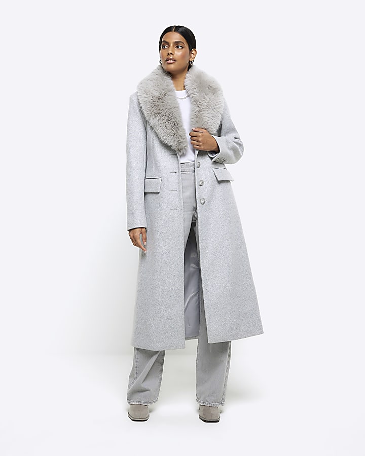 Grey faux fur collar longline coat