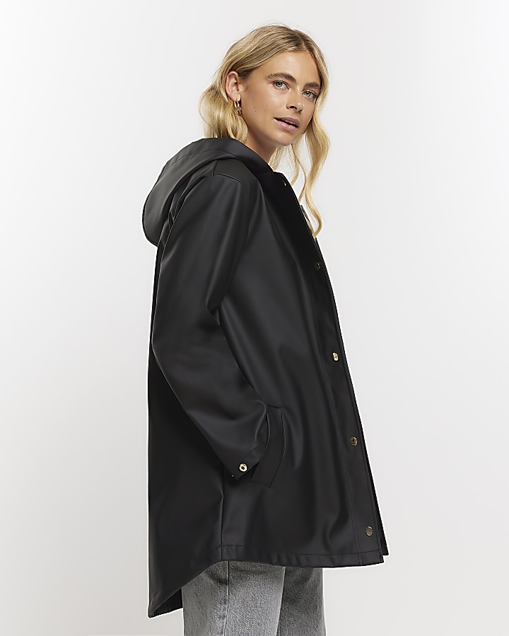 Black hooded rain coat
