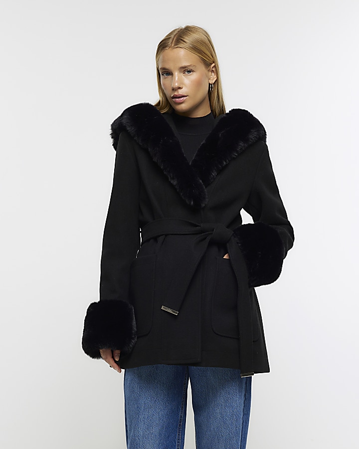 Black faux fur belted coat | River Island