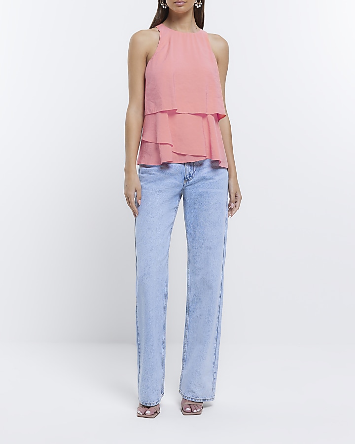 Coral high neck layered top