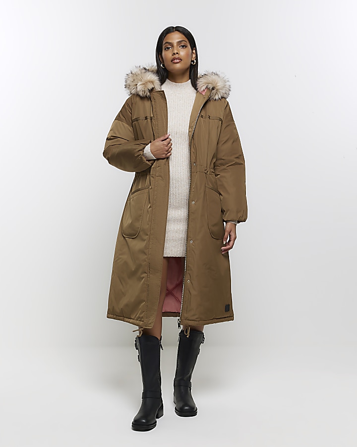 River island parka coat store with faux fur inner