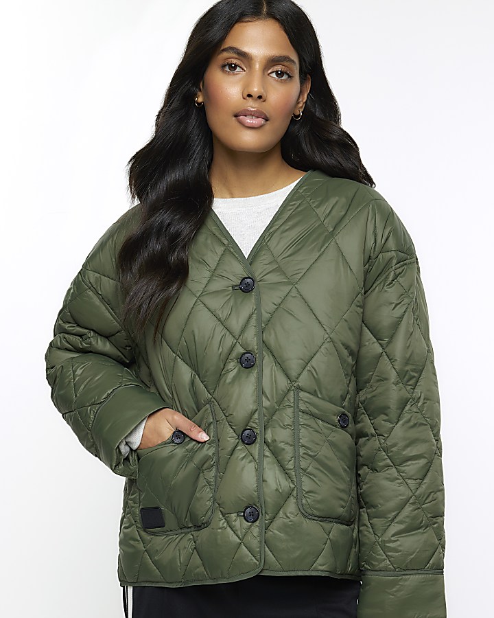 Khaki faux fur collar padded jacket | River Island