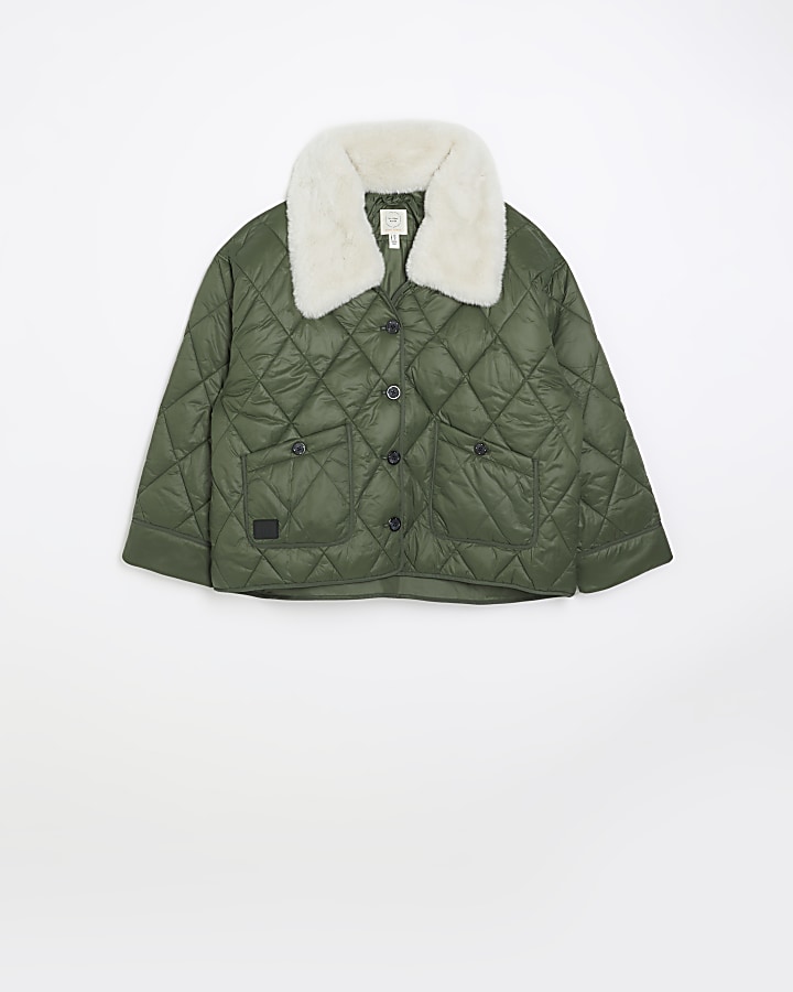 Khaki faux fur collar padded jacket